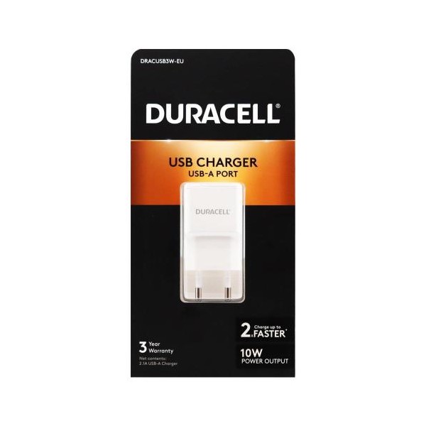 Φορτιστής Ταξιδίου Duracell με Έξοδο USB 2.1A Λευκό