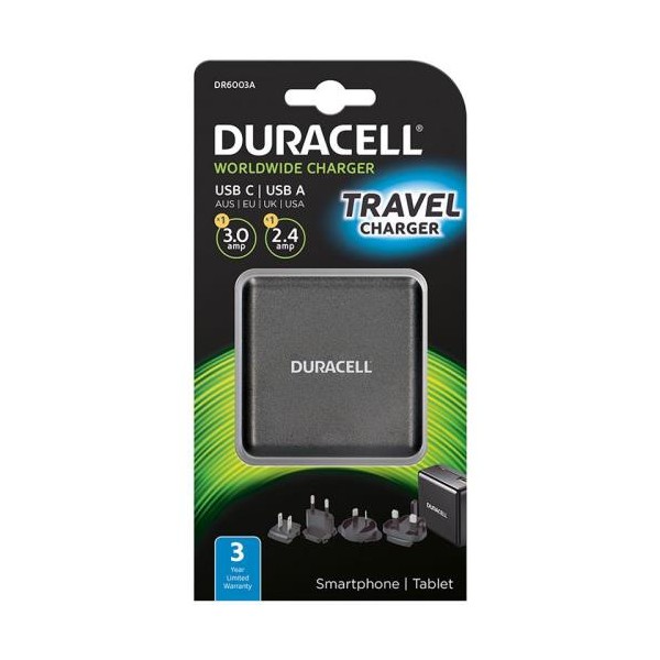 Φορτιστής Ταξιδίου Duracell Worldwide EU/UK/US/AU με Έδοδο USB A & USB C 5.4A Μαύρο
