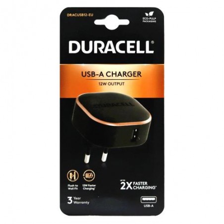 Φορτιστής Ταξιδίου Duracell 12W με Έξοδο USB 2.4A Μαύρο