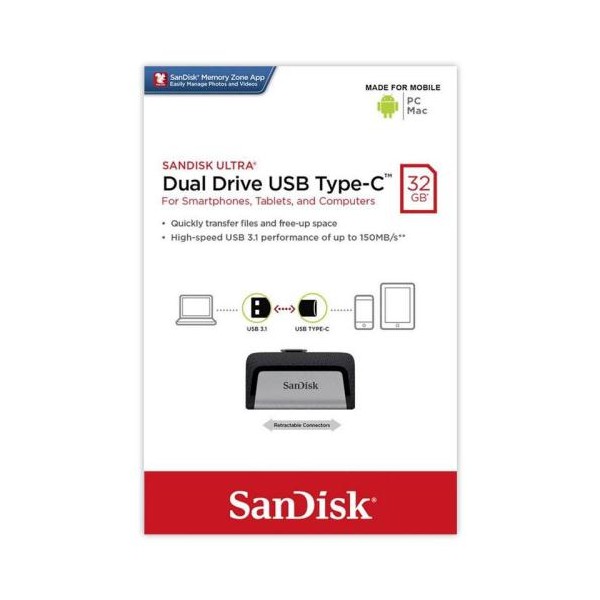 USB 3.1 Flash Disk SanDisk Dual Drive USB C 32GB 150 MB/s Ασημί