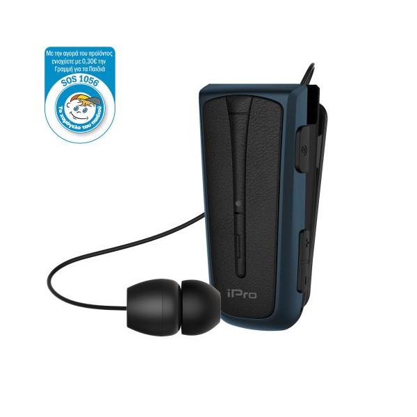 Στερεοφωνικό Ακουστικό Bluetooth iPro RH219s Retractable με Δόνηση Μαύρο-Μπλε